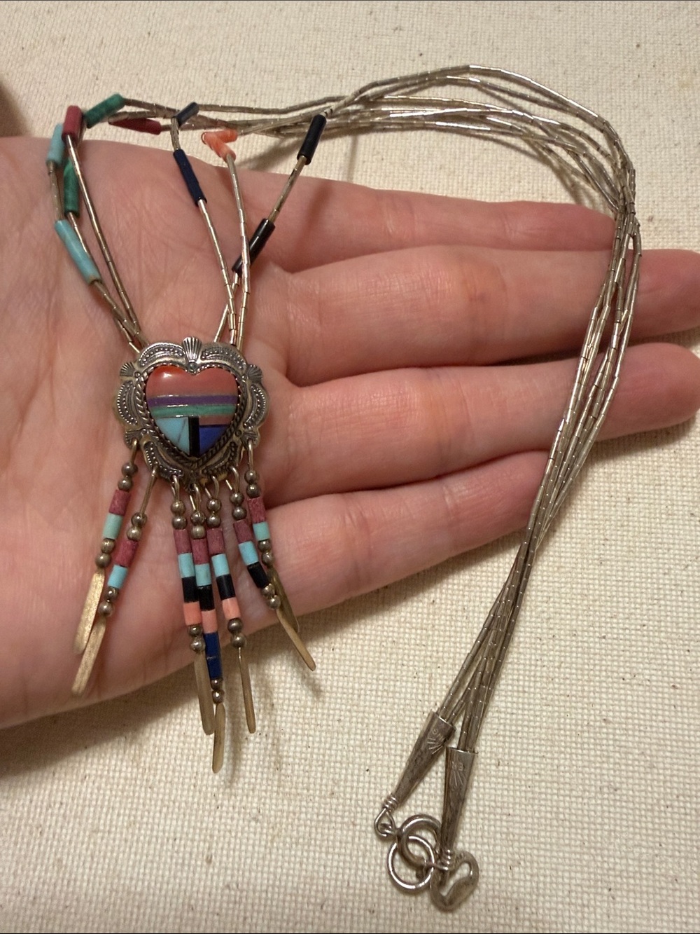 Sterl. Silver Navajo Native American MultiColor Heart Inlay Fringe Necklace 21’